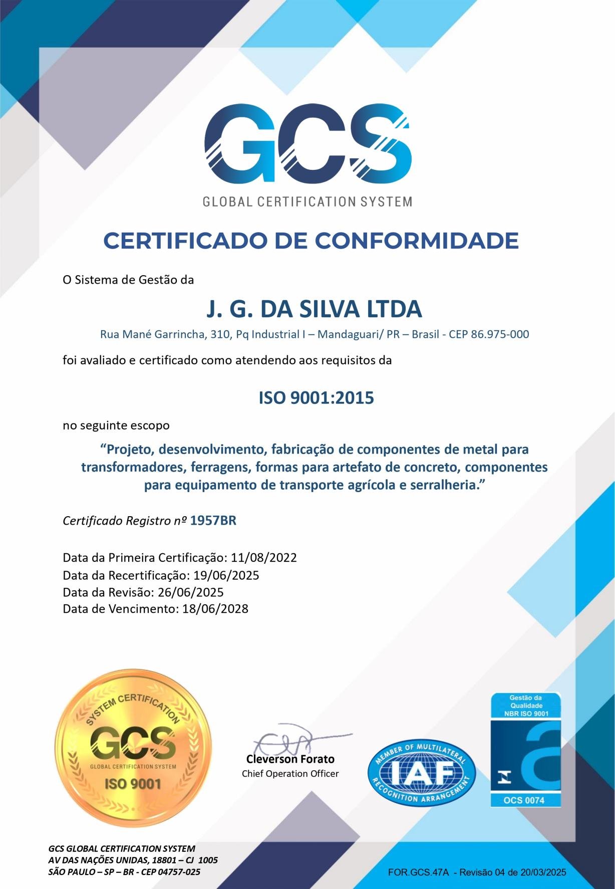 Certificado Oficial ISO 9001 Brasfer